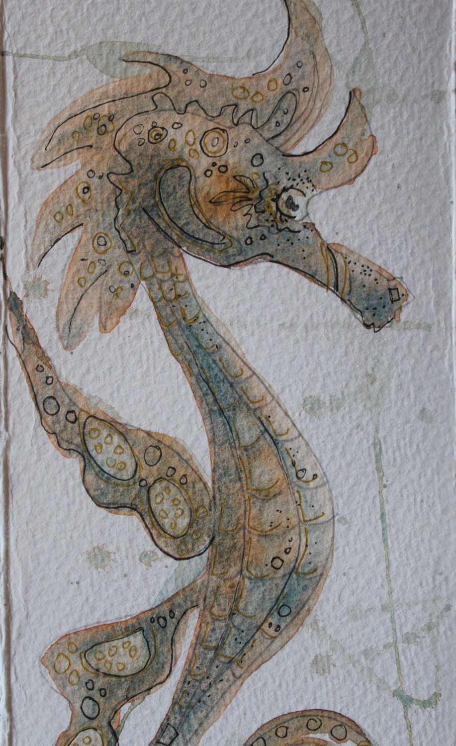 Whimsical Sea Horse Original Water Color Painting approx. 5 x 13 inches - Coastal - Beach Art - Condo Decor Ocean