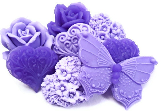 Flower Soaps - Lilacs - Violets - Lavender Purple Flowers Set of 8 - Hearts - Flowers - Butterfly