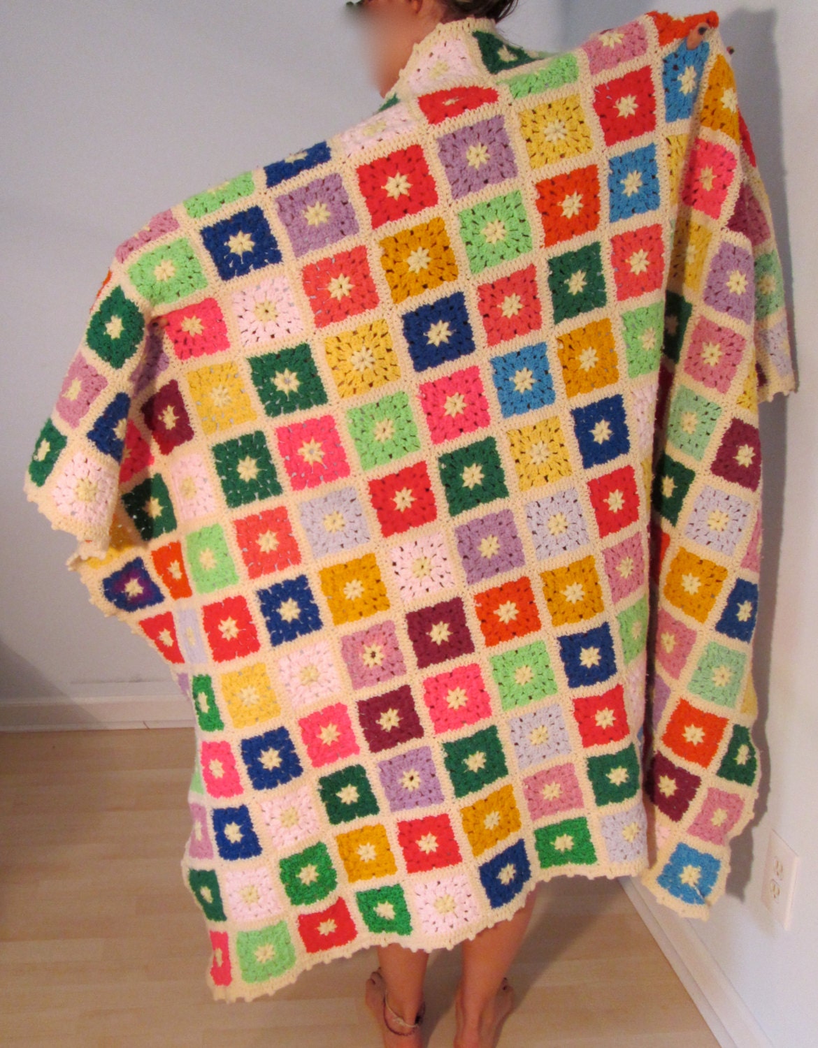 Granny Squares Neon Pastel Rainbow Blanket HandMade OOAK Knit Crochet Multicolor Throw Afghan Boho Hippie Gypsy Club Kid Acid Festival Rug