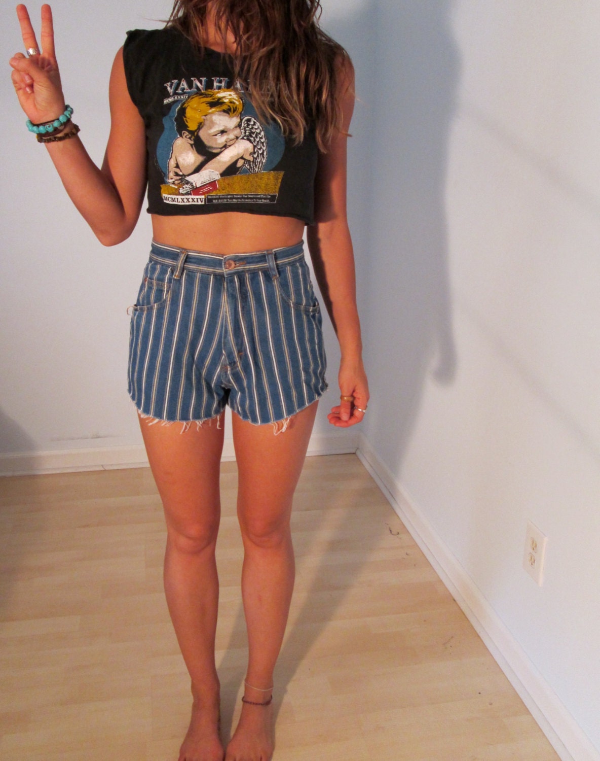 Upcycled OOAK Highwaist Denim Cutoff Shorts S M Striped Cutoffs Blue Jean Boho Hippie Gypsy Club Kid Grunge Bohemian Hipster Festival Wear