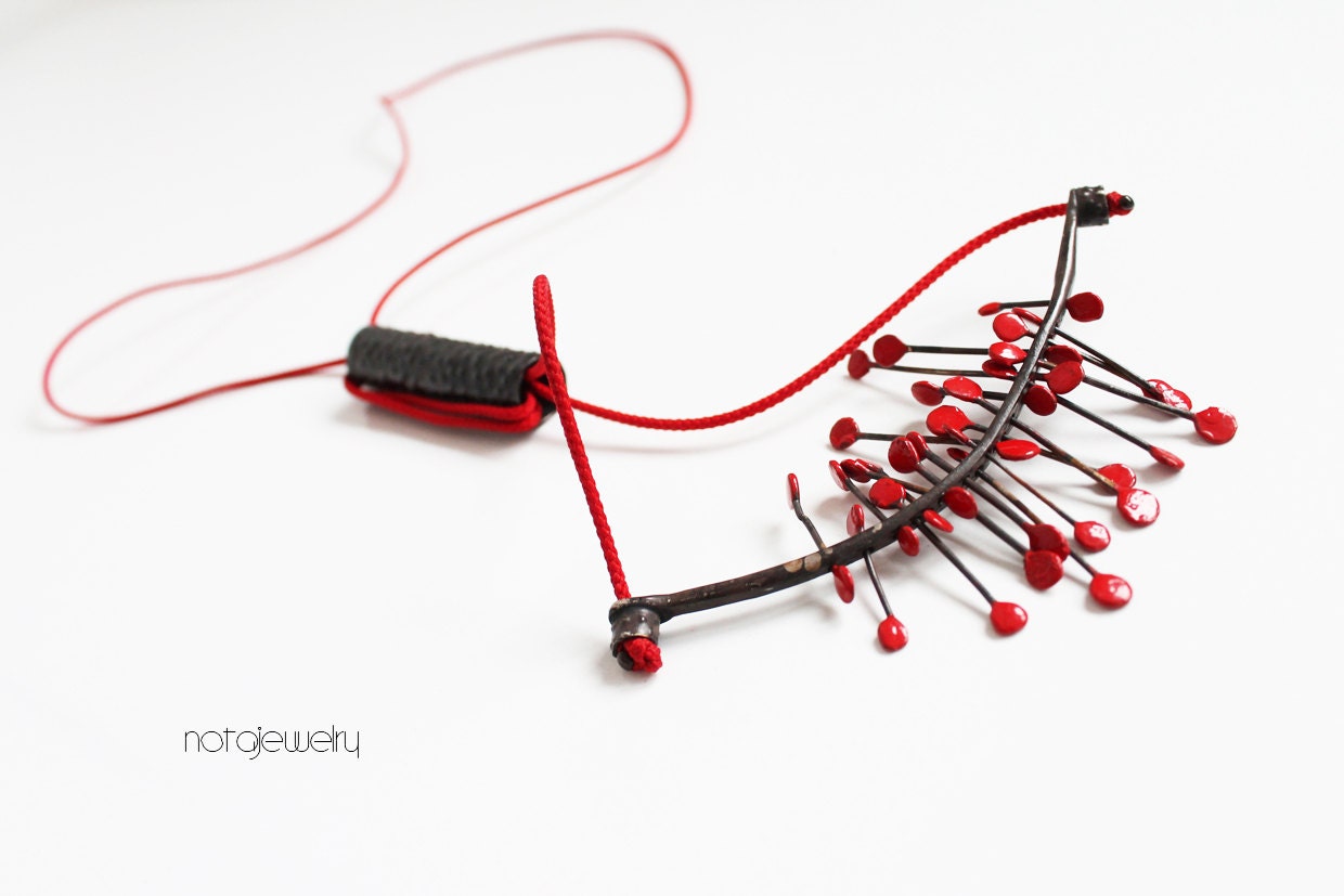 Black and red silver necklace - OOAK contemporary jewelry - Modern original red necklace - Unique handmade sterling silver jewelry - notAjewelry