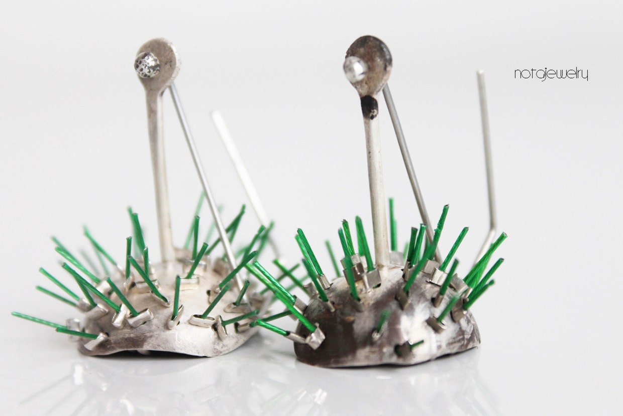 Unique contemporary silver earrings - OOAK modern silver and green dangle earrings - "beware spring is coming" silver earrings