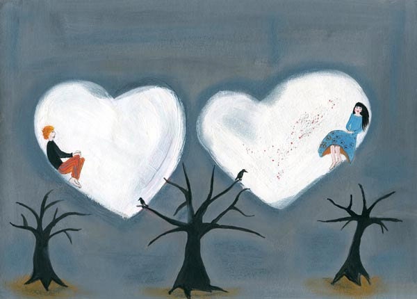 Over the Moon - A5 giclee print from gouache illustration surreal whimsical art trees girl boy love
