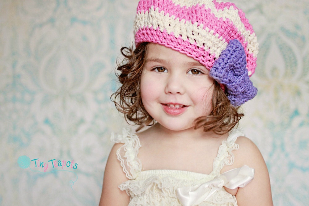 Girls Hat, The Molly Tam, Striped Bow Beret, Crochet pink and purple hat