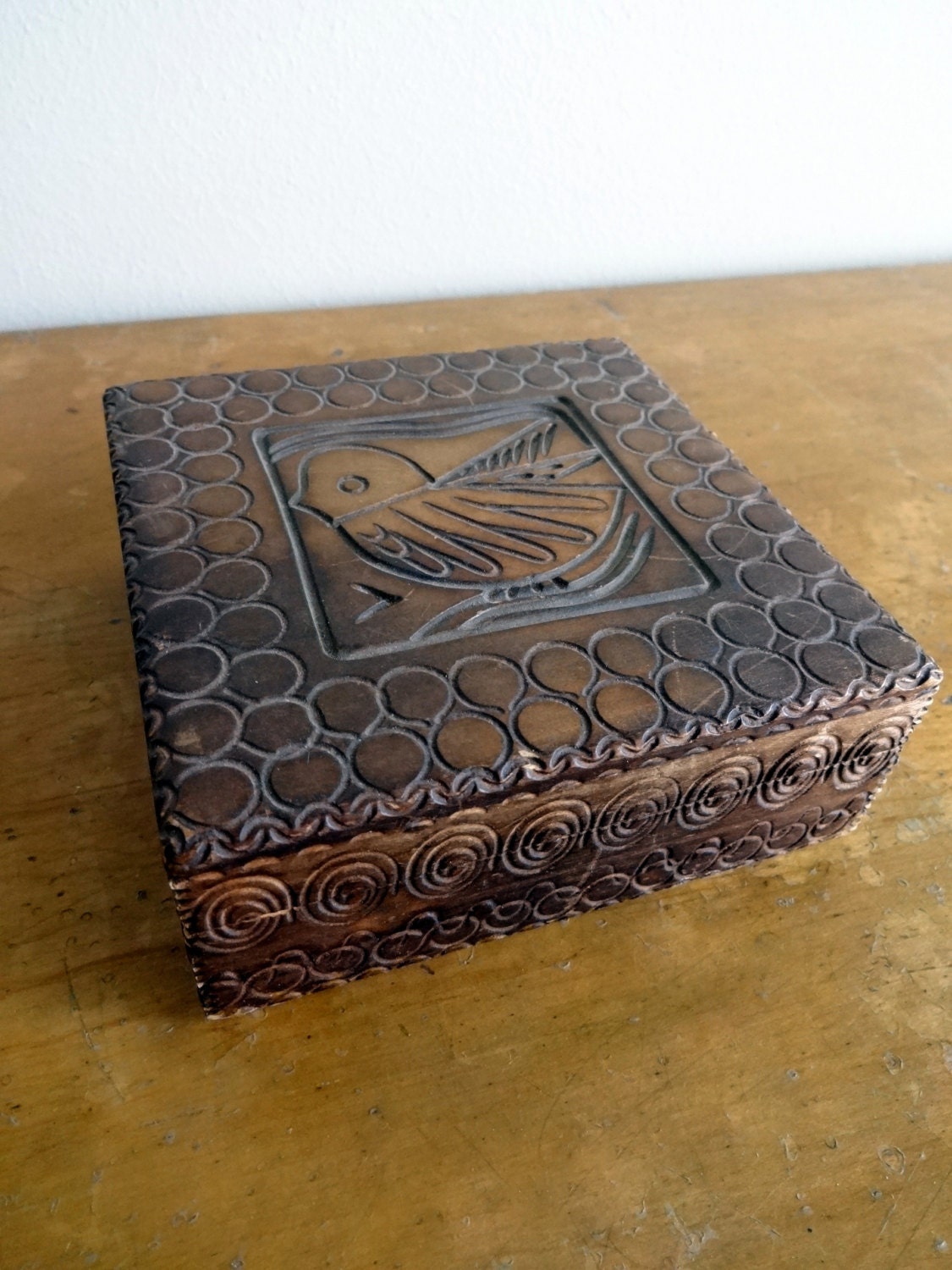 Vintage handcarved wood box with bird design - perfect to hold all of your wishes or tiny baubles.