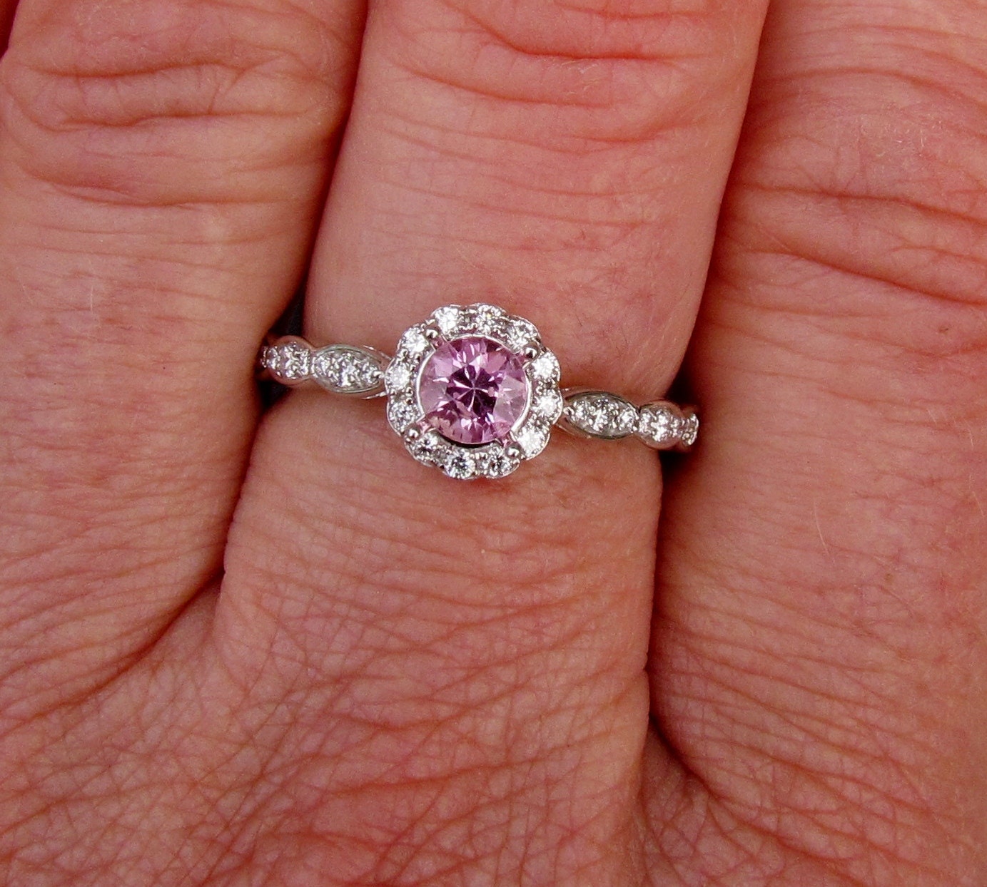 Engagement Ring Pink Sapphire In 14k Gold and Diamond Halo Setting Matching Band Available Gemstone Wedding Set