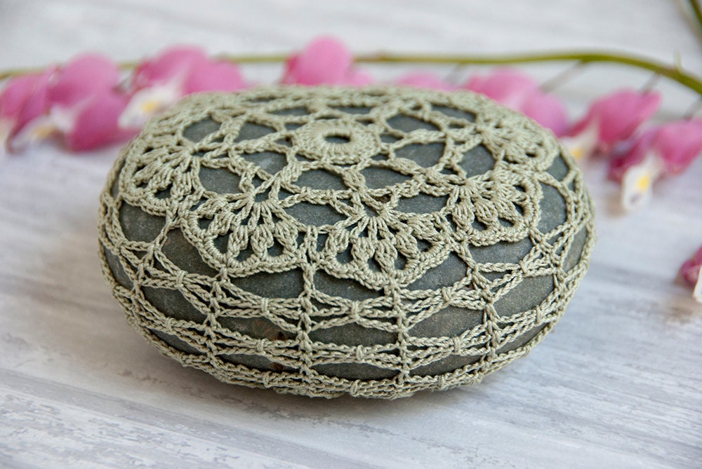 crochet lace stone sage green // rustic beach // river rock // housewarming gift // cottage chic //  ring bearer pillow // bowl element