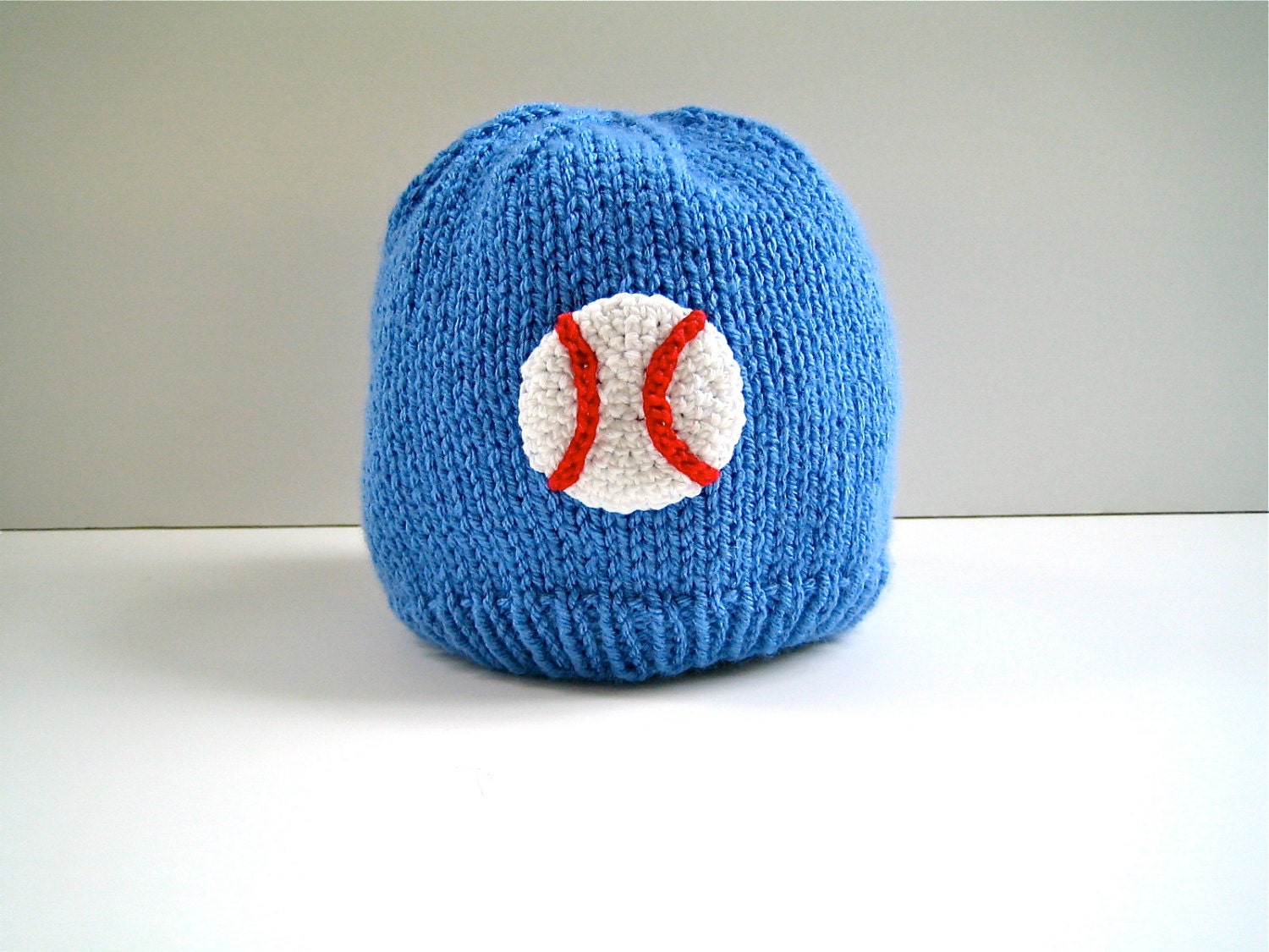 Boy's Knit Hat with BASEBALL in Marine Blue, Size 2 - 4 years, Sports, World Series, Handknit