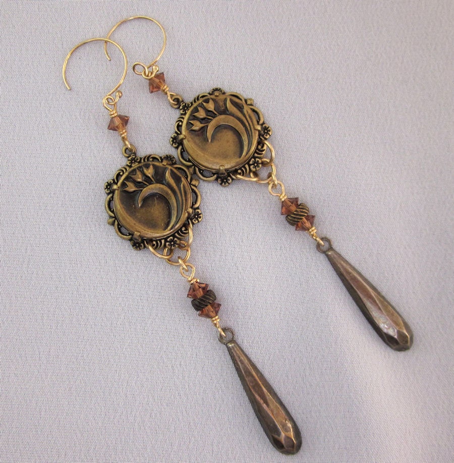 Vintage Flower Button Earrings, Long Dangle Earrings, BoHo Chandelier Earrings, Topaz Crystals, Gold Filled, OOAK Repurposed Jewelry