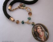 Victorian Repurposed Mourning Watch Fob Chain Necklace, Black, Blue, Portrait Pendant, Assemblage OOAK Jewelry Gold Filled JryenDesigns
