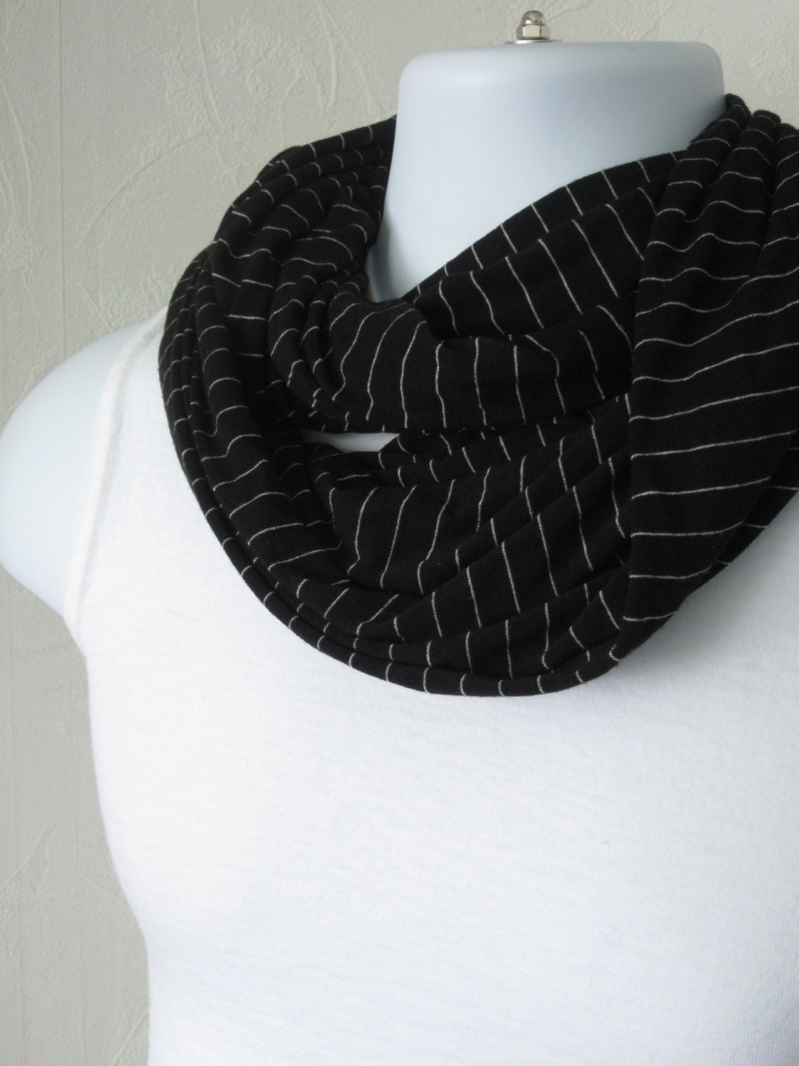 Mens Infinity Scarf Black Jersey Knit with White Stripes Double Loop Fashion Scarf for Men and Women
