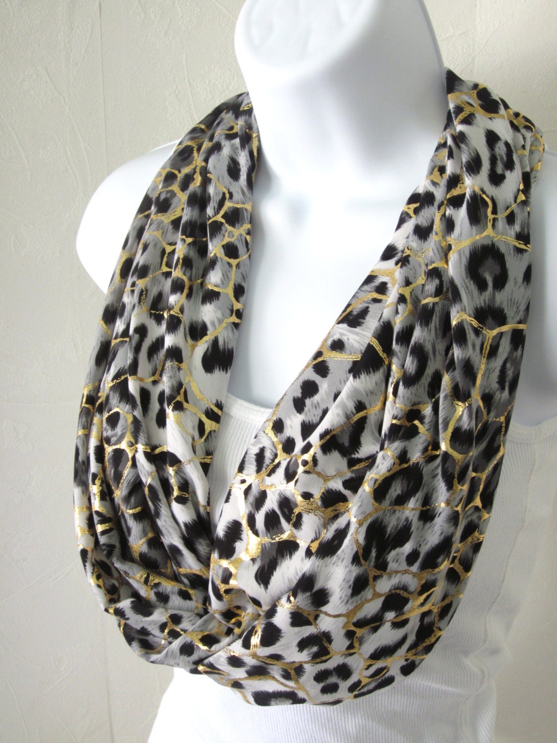 Cheetah Animal Print Infinity Scarf Black Gray and Gold Jersey Knit Single Loop Fashion Scarf  by Thimbledoodle