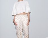 Cream White Silk Pants / Pajama style / jacquard checker print