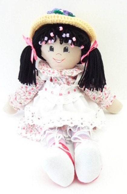 Handmade Rag Doll, 18 inch muslin, cloth doll, ragdoll, latino, ethnic, black braids beads NF188