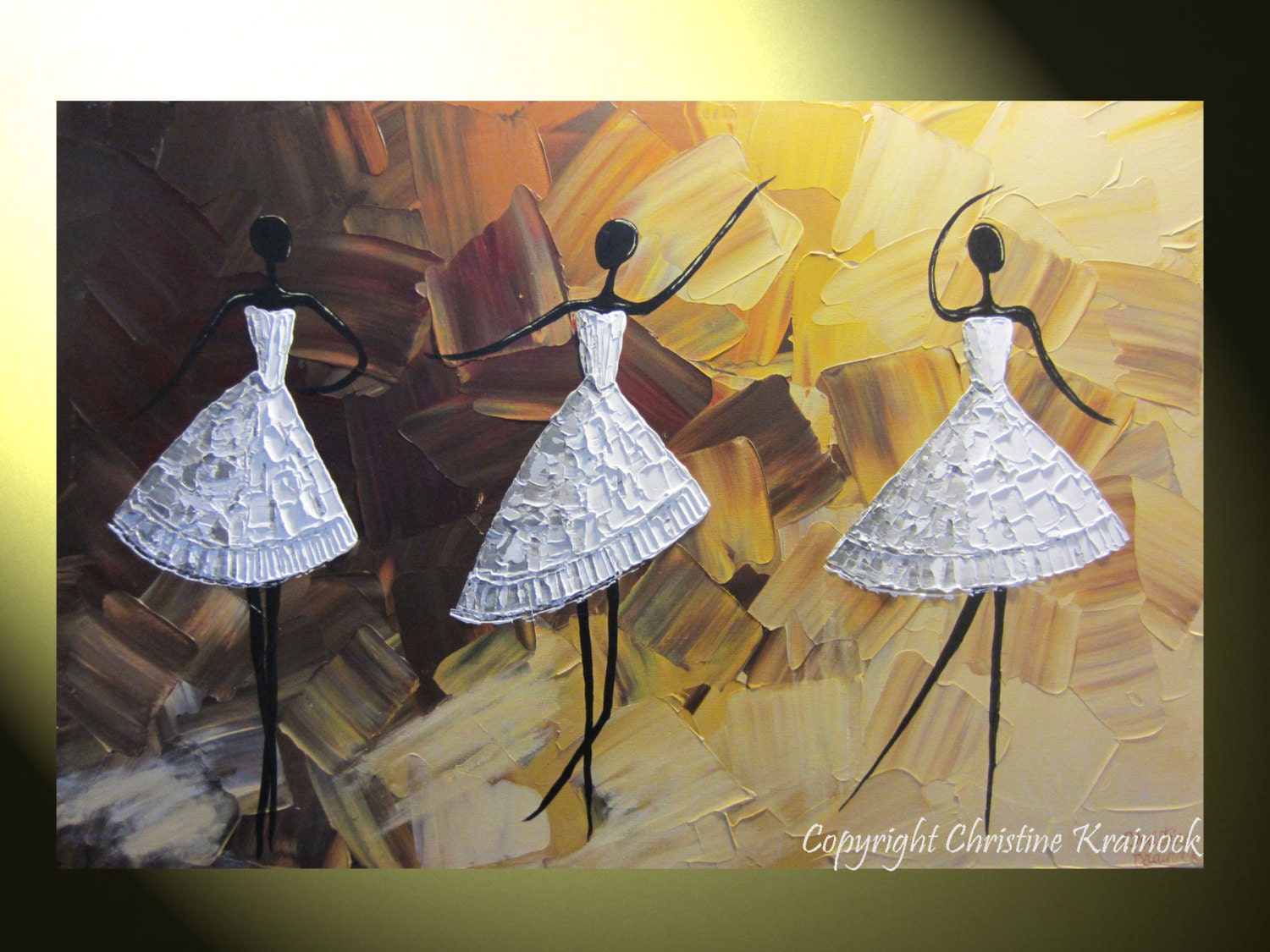 CUSTOM  Original Abstract Dance Painting White Dress Ballet Dancers Textured Palette Knife Music Brown Gold MADE to ORDER 36x24" - Christine