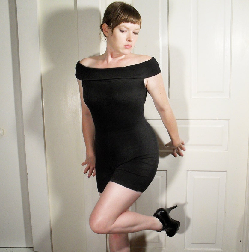 Black 1980s Bodysuit  Leotard  Romper Workout Dance
