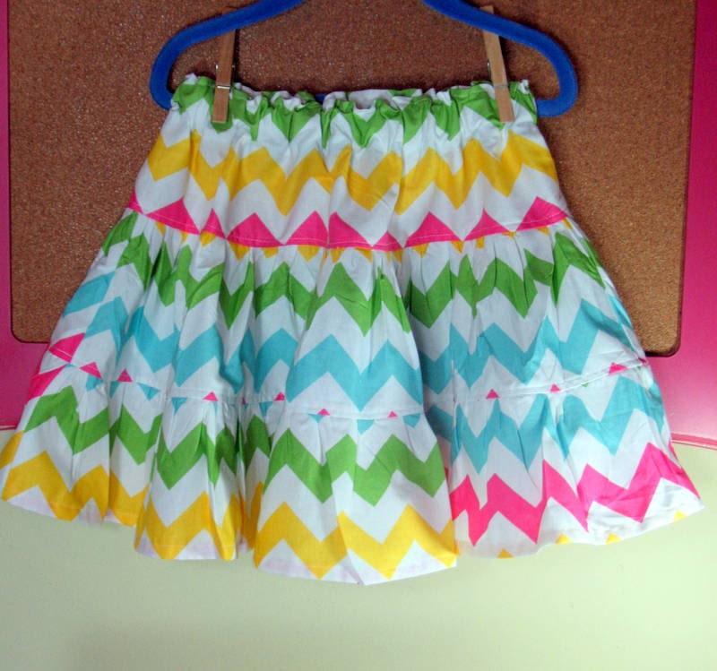 Girls Chevron Twirl Skirt  Tiered Skirt Chevron Stripe Pink Yellow Aqua Green Size 7-12