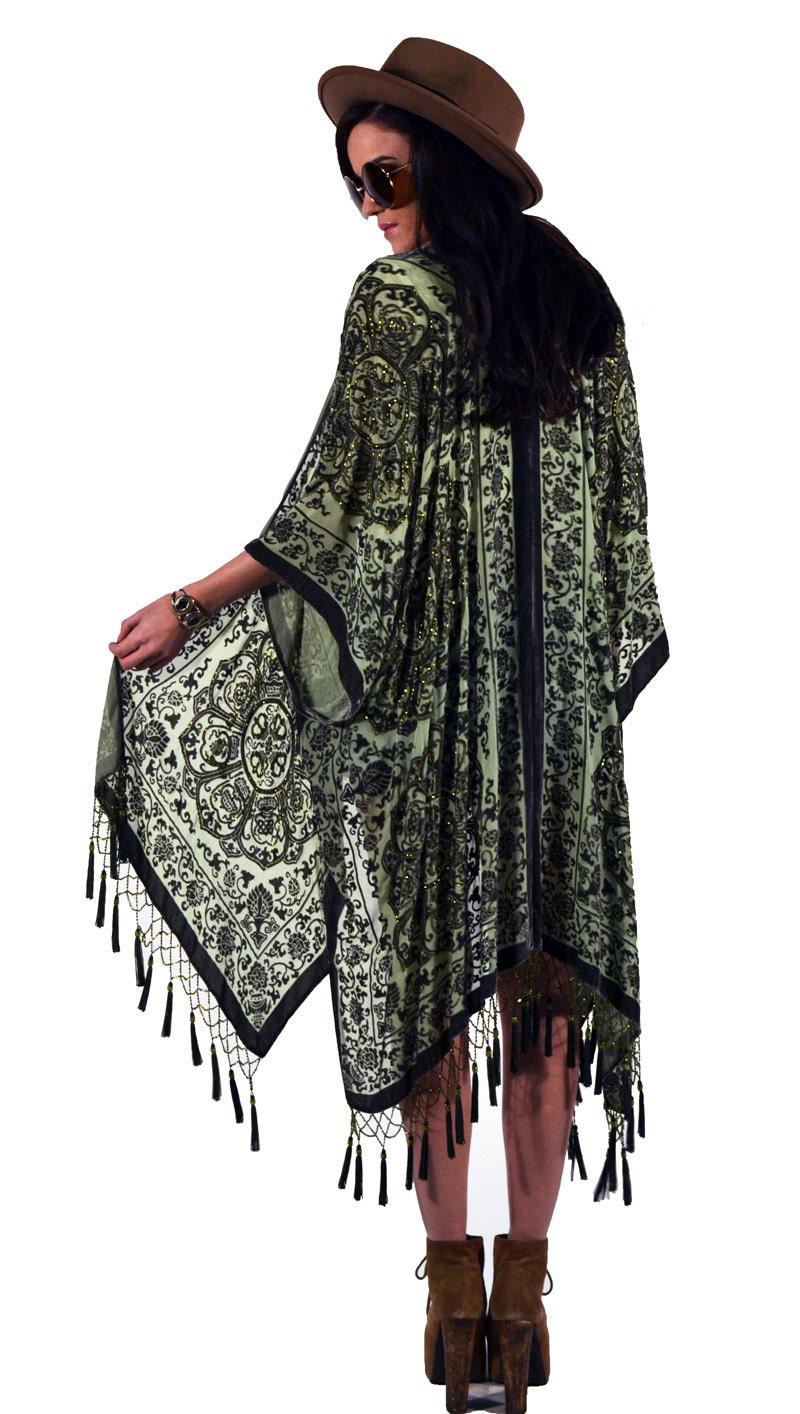 Sage Medallion Brocade Velvet Burnout Gypsy Beaded Fringe Tassel Kimono Duster