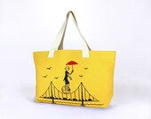 Yellow Cotton Canvas Tote -  "Lady A On Golden Gate Bridge" Design In Navy And Red