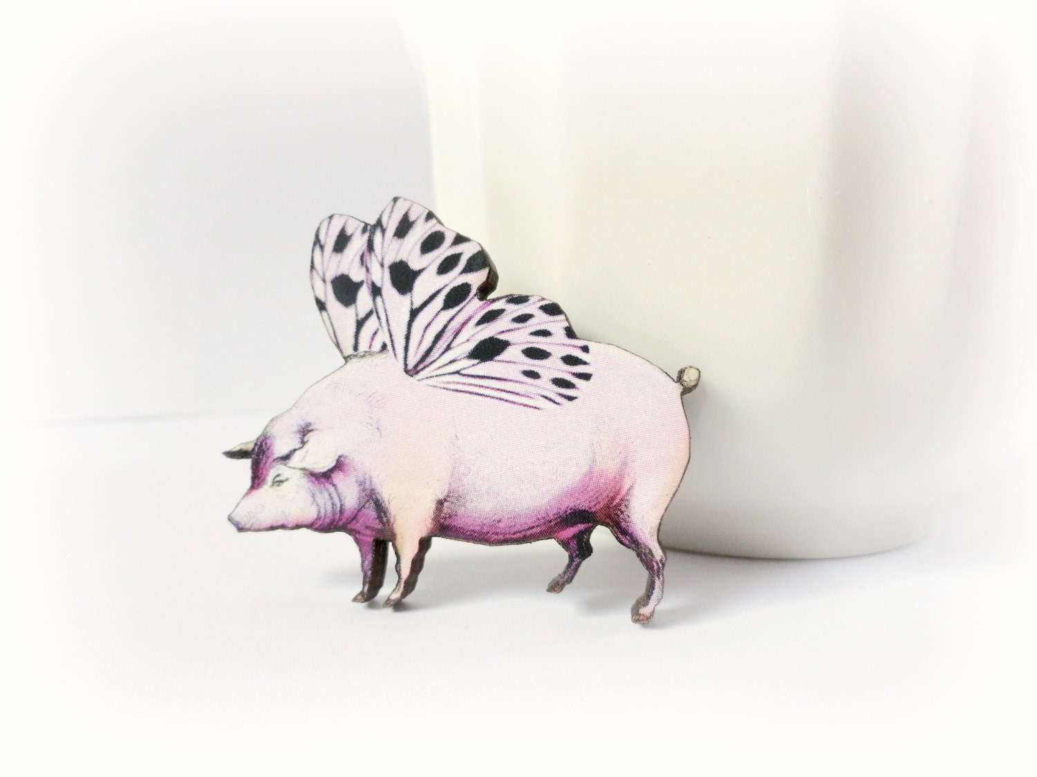 Butterpig - Flying pig Wood brooch pink  black  butterfly wings Gift for her Woodland jewelry Nature lover eco fiendly