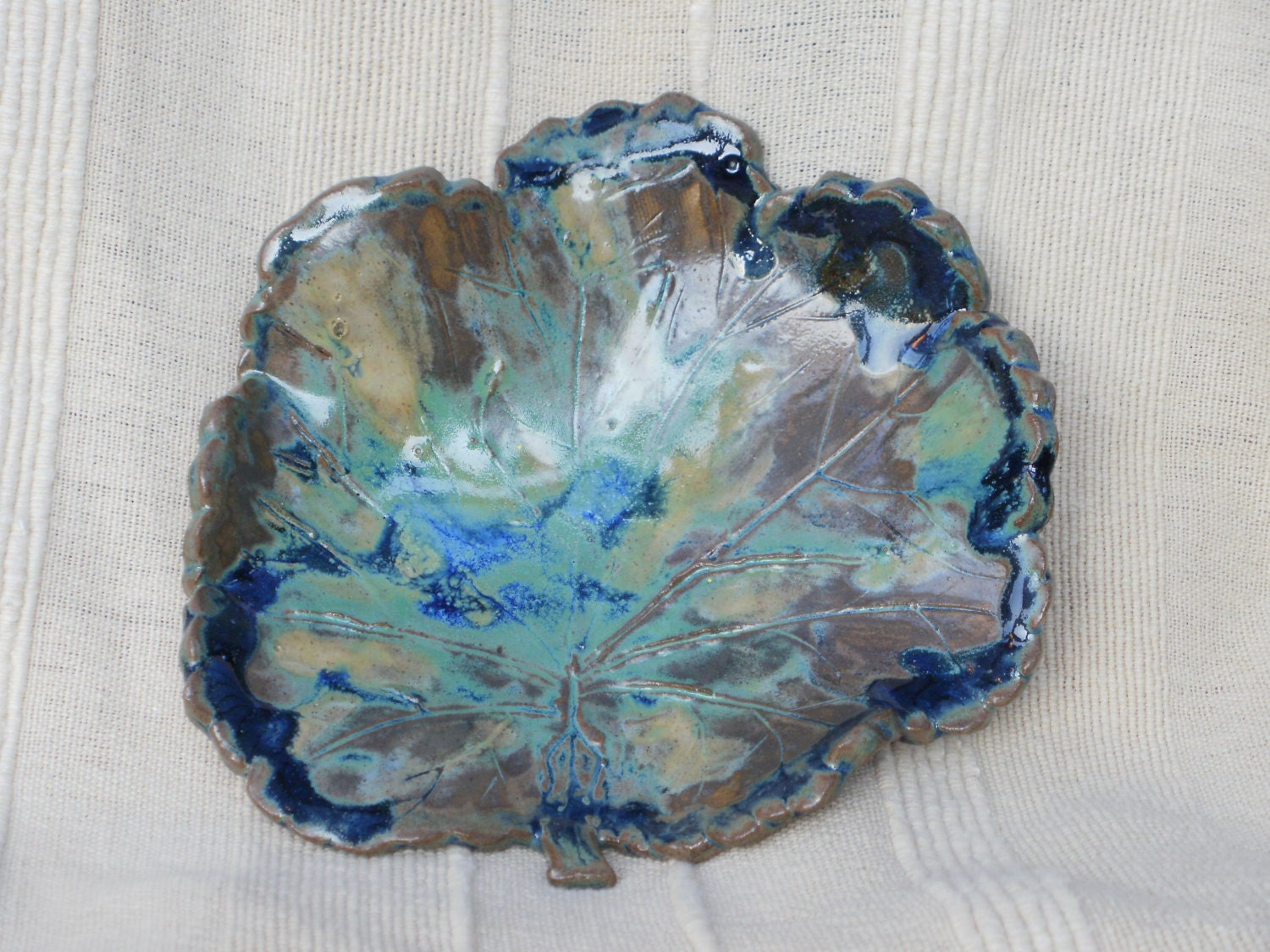Mothers day present: Brown and blue Stoneware leaf bowl  - candle holder,  trinket holder, ring holder, nibbles dish