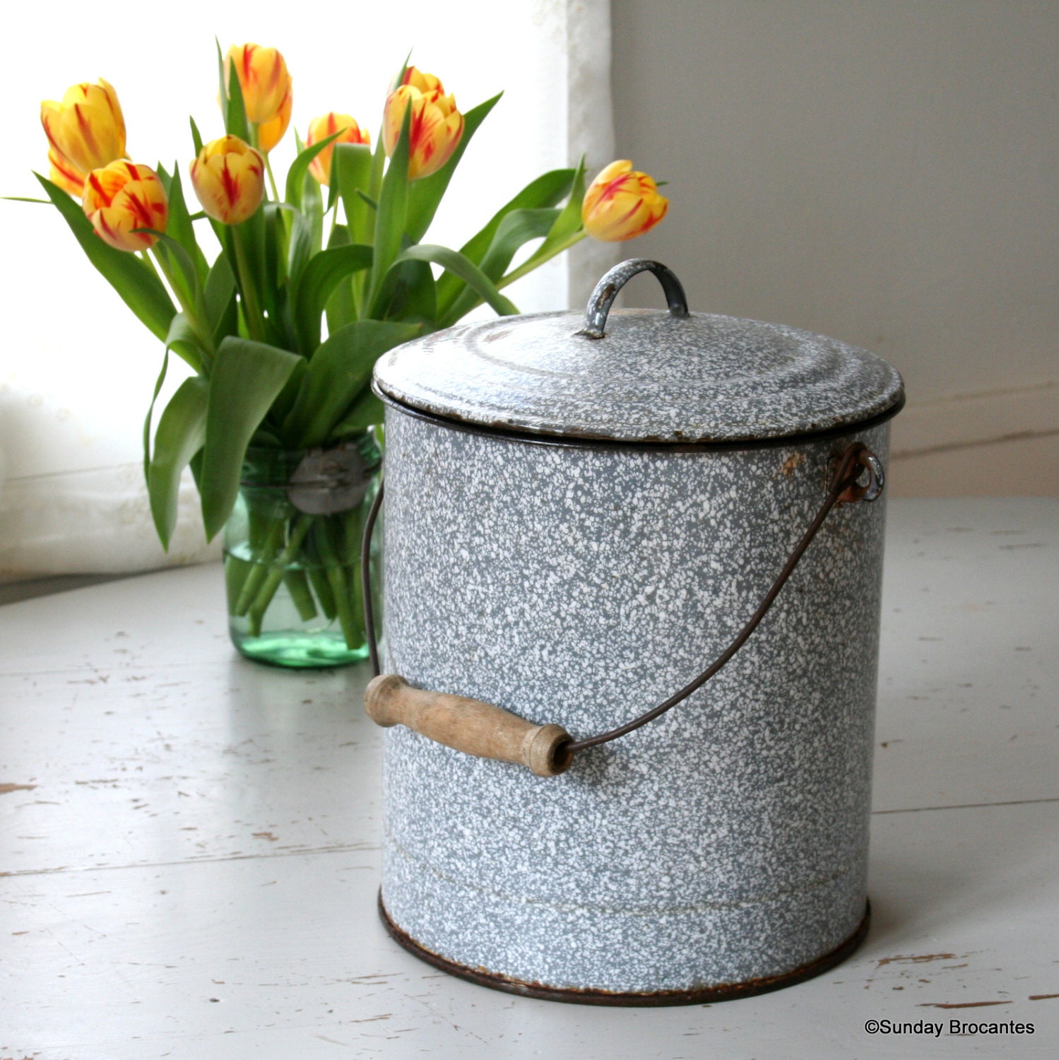 French Enamel Grey Lidded Pail