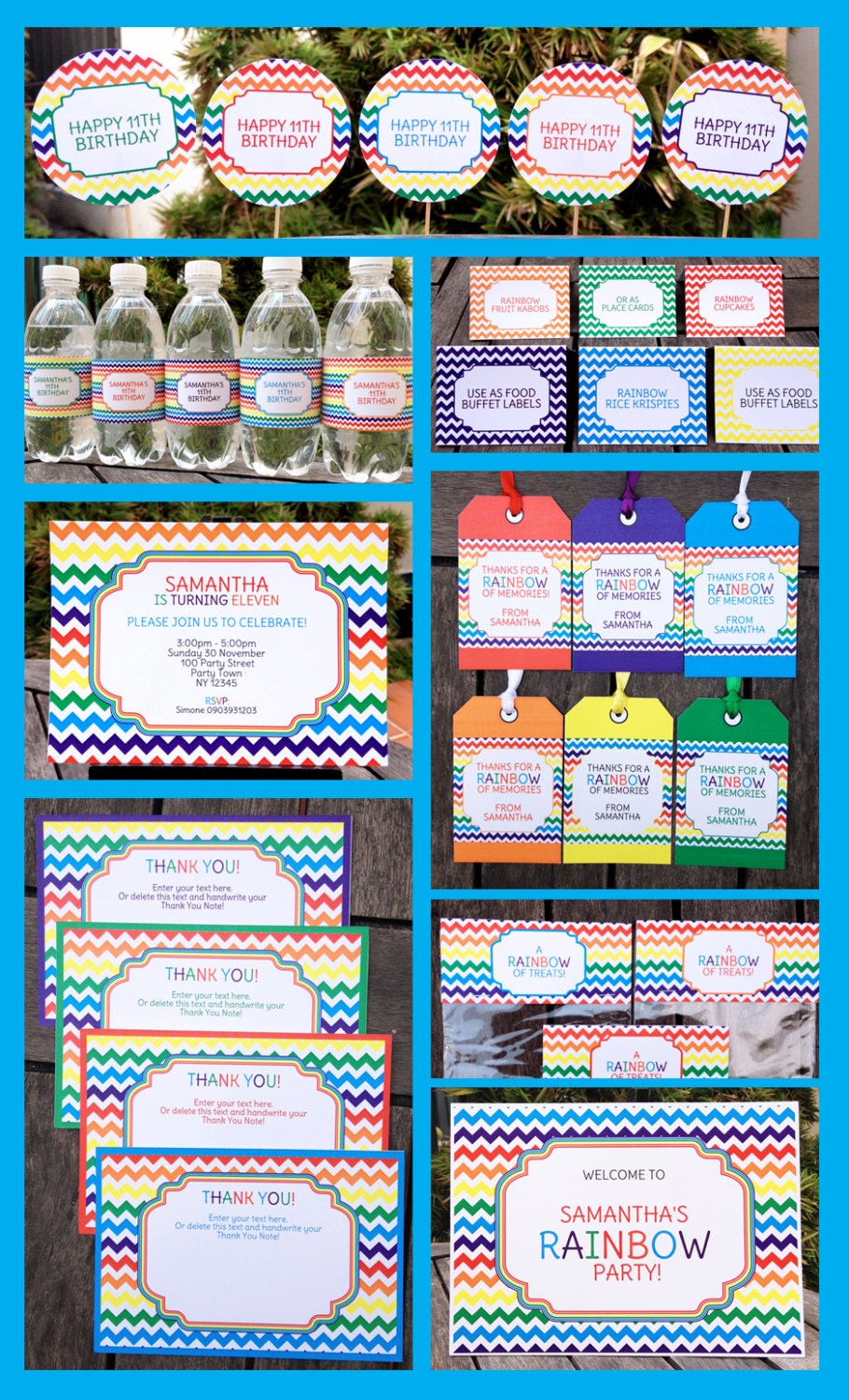 Rainbow Birthday Party Collection with Invitation, EDITABLE Text PDF file - you personalize at home with Adobe Reader
