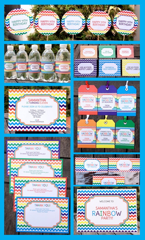 Rainbow Birthday Party Collection with Invitation, EDITABLE Text PDF file - you personalize at home with Adobe Reader Il_570xn