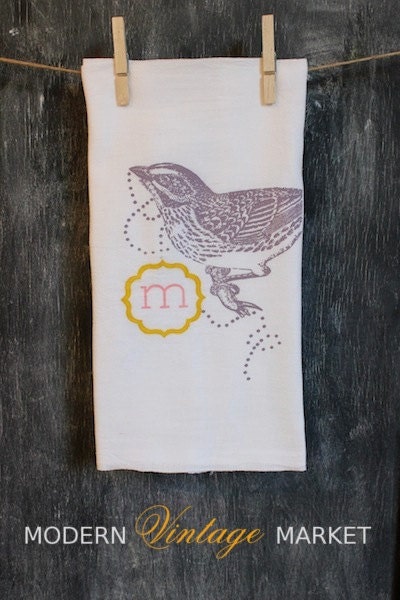 1 "JEWELED BIRD" Tea Towels- Monogrammed Towel - Floursack Kitchen Towels -  Bird   - Dish Towel - Tea Towel