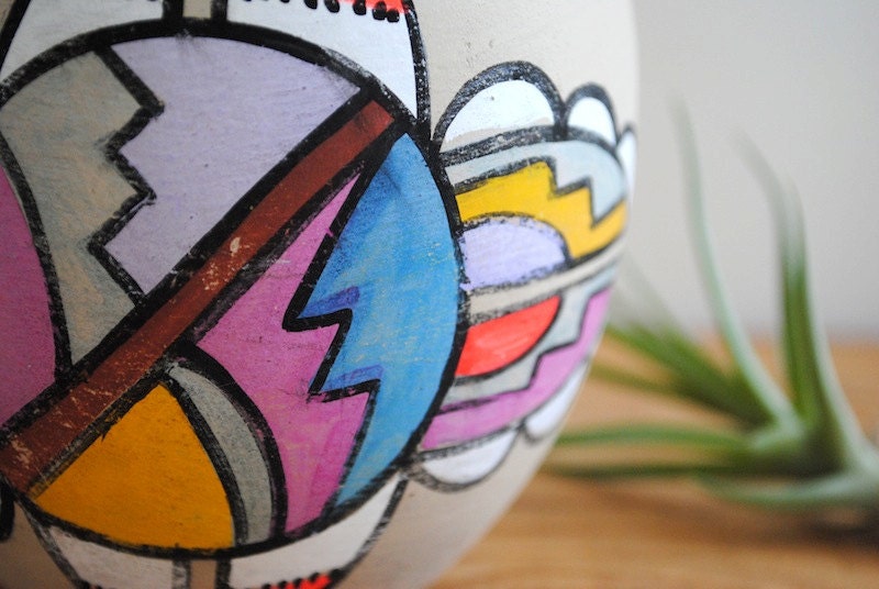 Vintage Native Pottery Bowl - Tribal Design Neon Colors