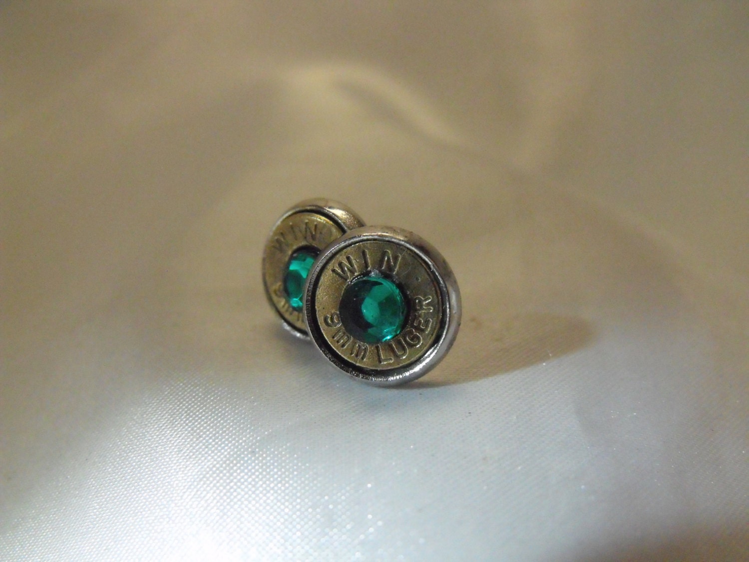 Steampunk Bullet Stud Earrings 9mm Emerald Green Rhinestone