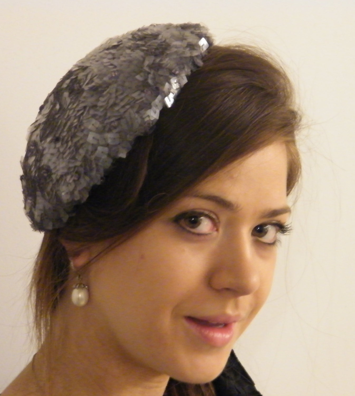 Grey mauve cocktail hat - Evening fascinator with sequins - handmade gray wedding hat for women by Rana Hats