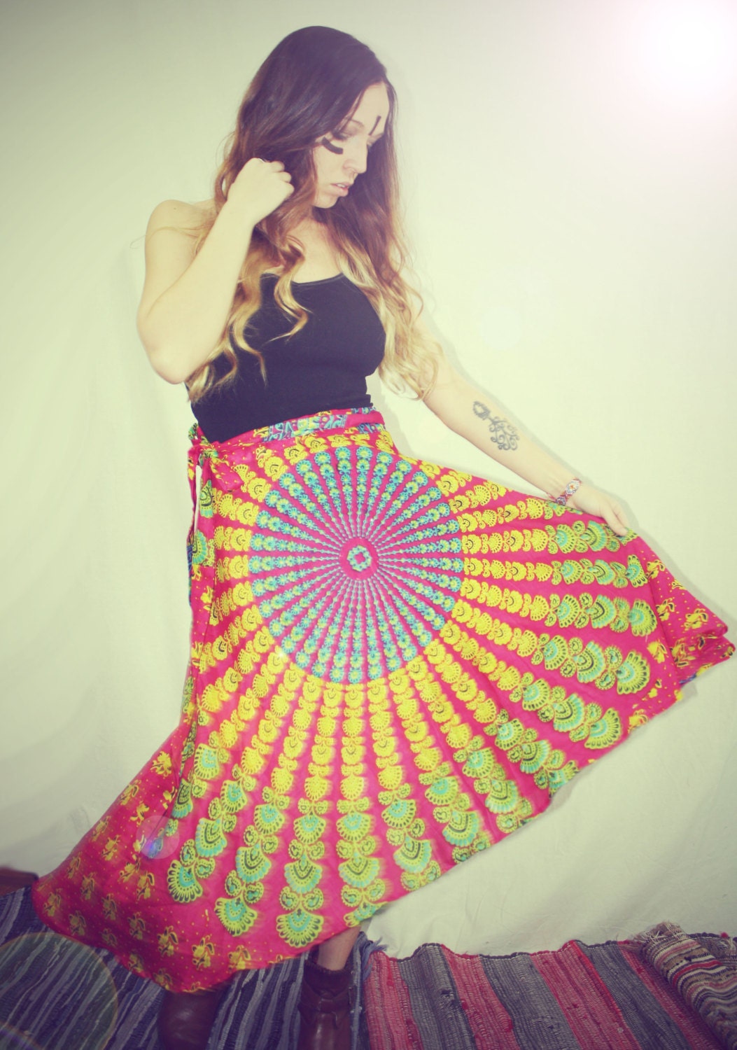 Bohemian Wrap Skirt, Peacock Print Hippie Skirt, Cover-Up, Boho, Gypsy, Moon Sunburst, Christmas gift, Festival Skirt, Small, Winter skirt