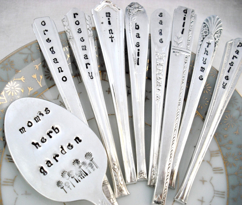 Vintage Silver Plated Hand Stamped Herb Spoon Handle Markers with Stamped Spoon - SET of 9 - Plant Markers - mom's herb garden