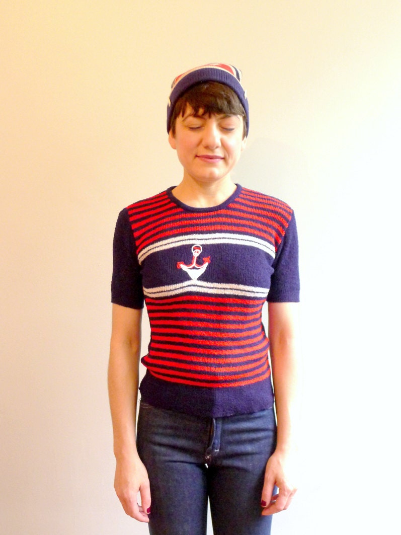 70s navy red white striped short sleeved boucle sailor sweater S