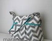 Stella Chevron Diaper Bag Medium Gray Chevron with Teal - 6 pockets Adjustable Strap Attach to Stroller