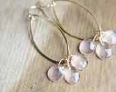 Rose Quartz Earrings - 14k Gold Fill Light Pink Rose Cut Gemstone Drop Chandelier Handmade Bridal Jewelry Gifts for Her.