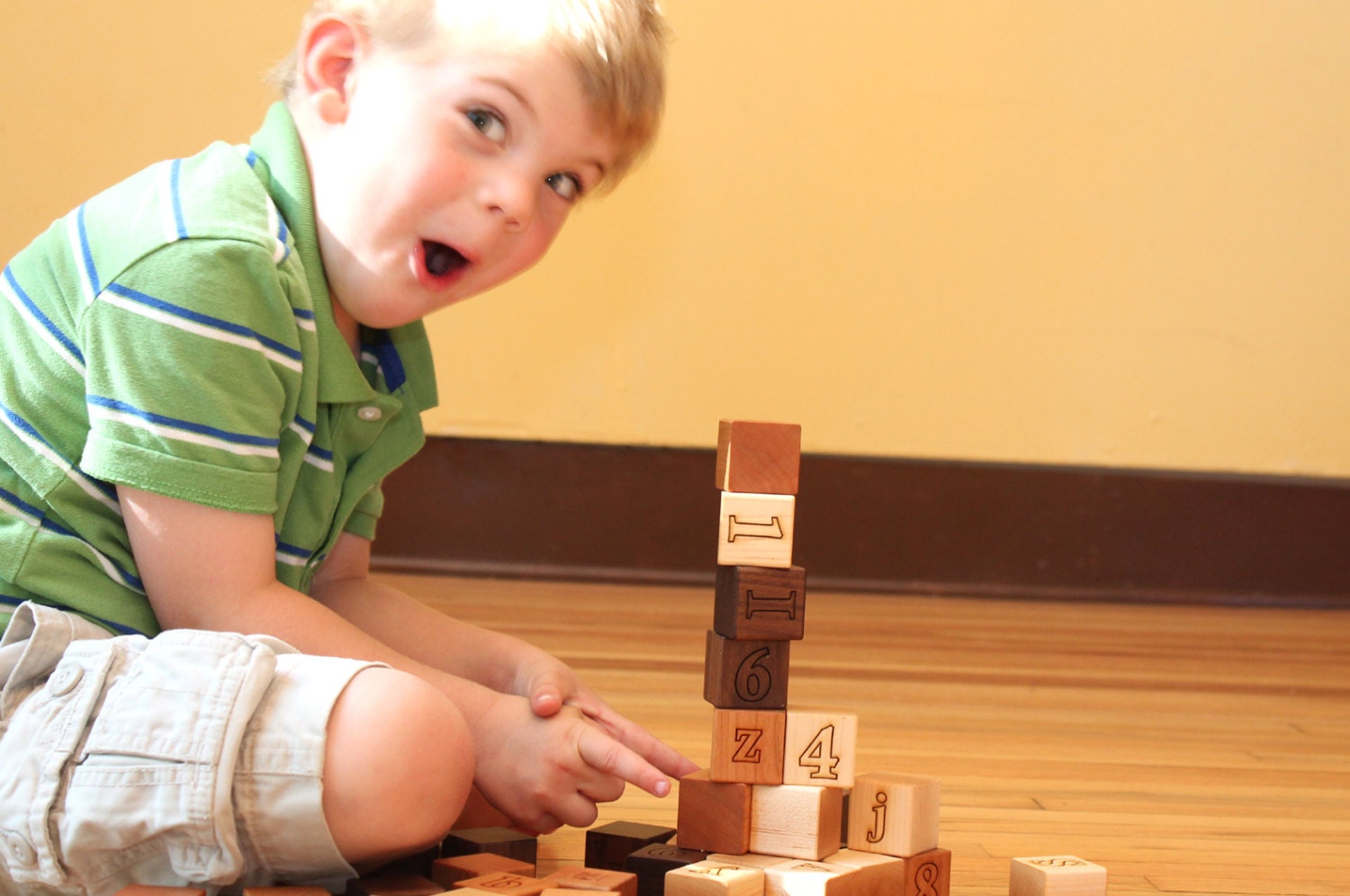 FOURTEEN personalized wooden building blocks - natural wood toy set, custom for baby, toddler, preschooler - homegrown organic finish