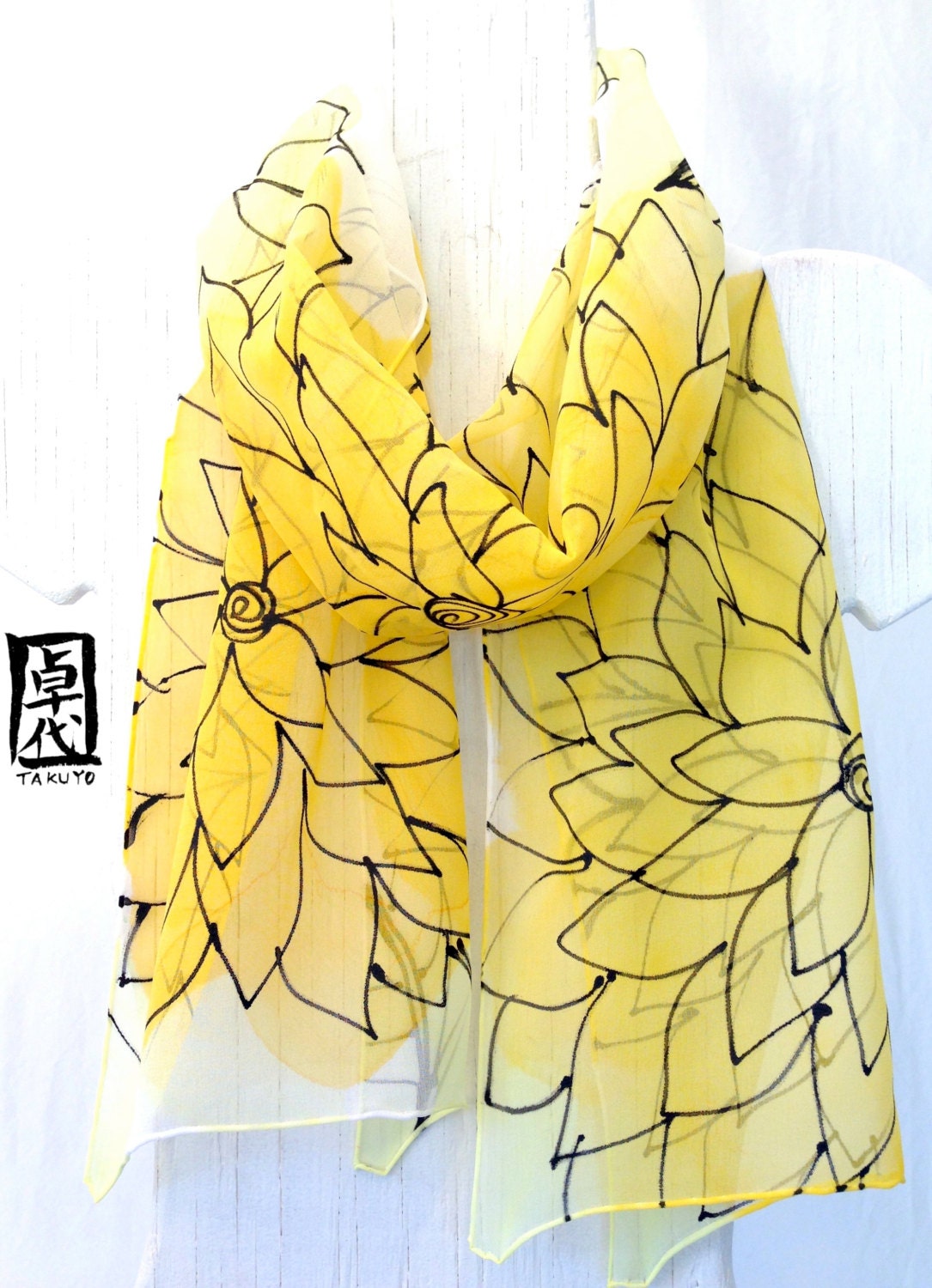 Yellow Silk Scarf Hand Painted, Sunny Yellow Floral Scarf. Black Line Drawing. Silk Chiffon Scarf. 10x54 in. Made to order. - SilkScarvesTakuyo