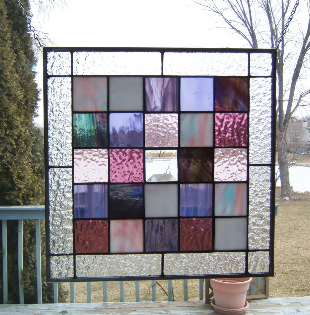 Purple squared stained glass panel geometric abstract stained glass window panel modern window hanging suncatcher PS1