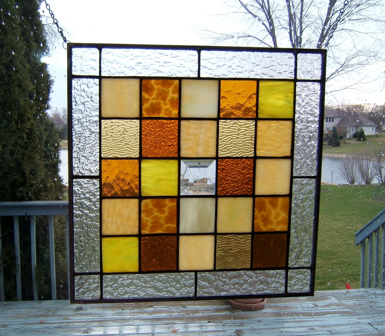 Amber squared stained glass panel geometric abstract stained glass window panel modern window hanging AS1