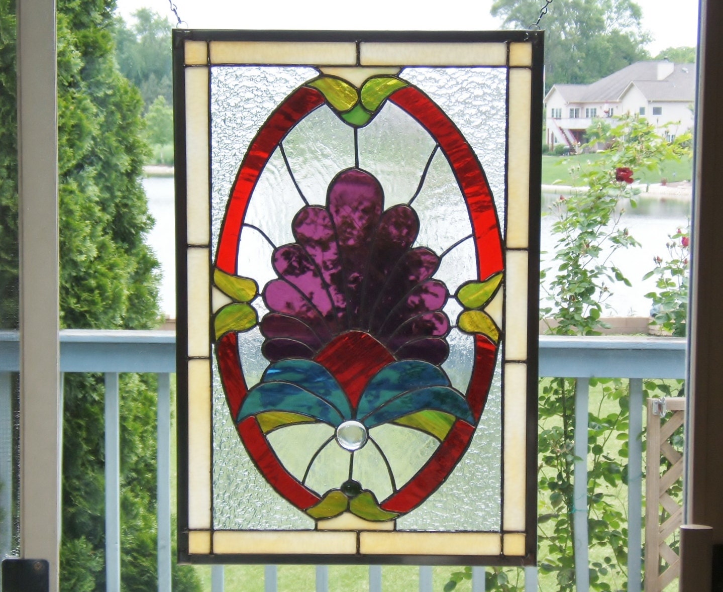 Stained glass panel window red fan stained glass window panel window hanging Victorian style