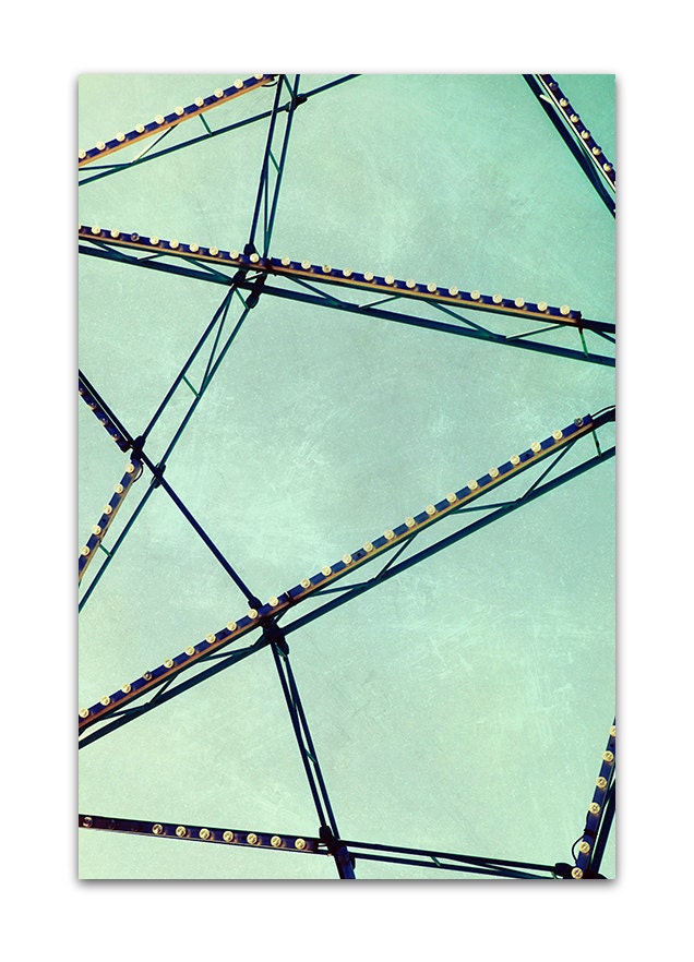 photography, industrial, carnival, ferris wheel, abstract, modern, lights, blue sky - Spokes II, 24"x36" ready-to-hang canvas