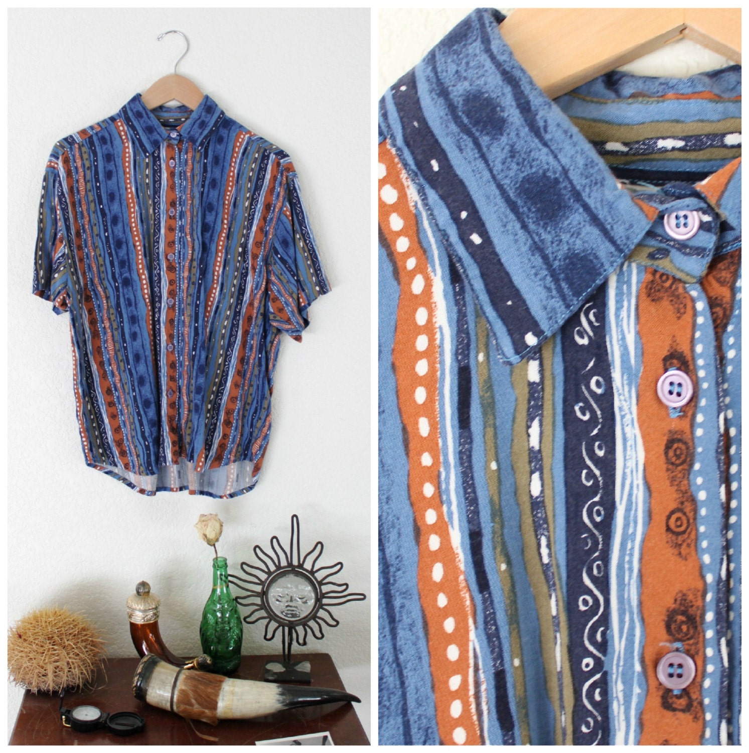 VINTAGE 80's Pattern Short Sleeve Button Up Mens