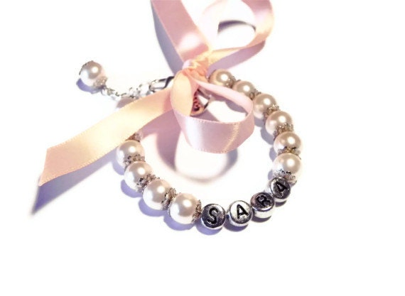 Personalized Name Bracelet, Child Pearl Bracelet, Peach, Little Girl, Flower Girl Jewerly, Charm, Bow