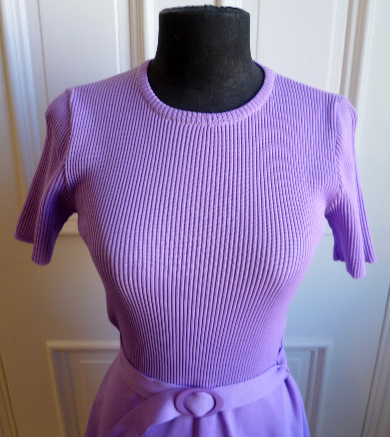 Vintage 60s Purple & White Belted Dress - M/L