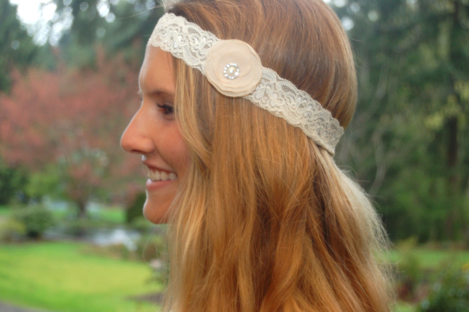 Ivory Cream Lace and Chiffon Flower Bohemian BOHO Headband