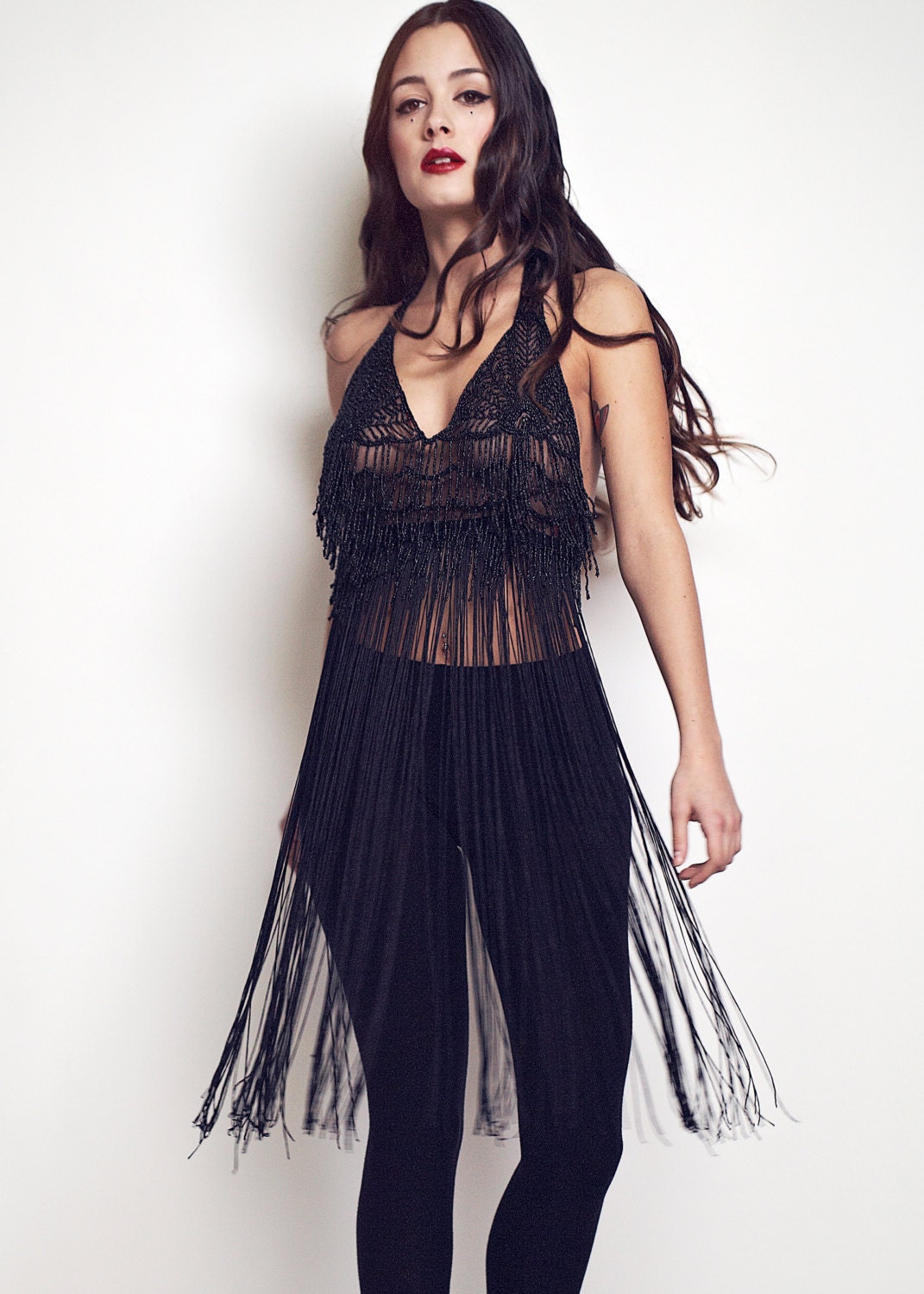 Black Beaded Fringe Halter