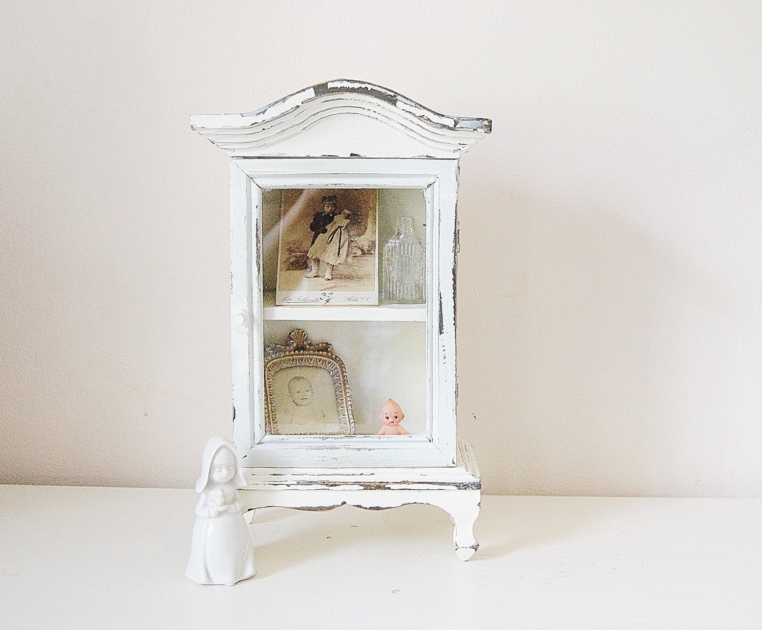 Small Curio Cabinet White Vintage Cottage Decor Shrine