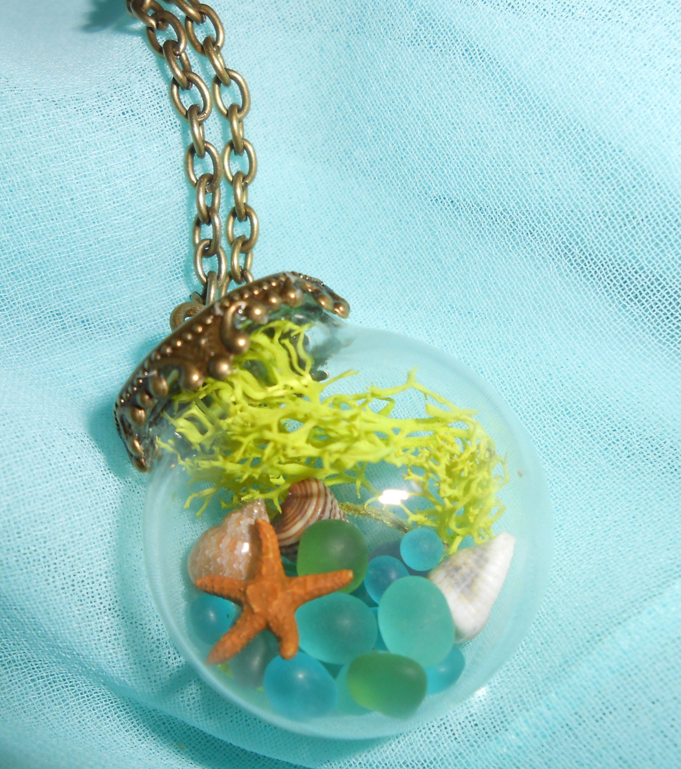 Sea Glass Terrarium Orb Pendant Filled with Green, Blue & Seafoam Sea Glass, a Tiny Little Starfish, Seashells and Moss